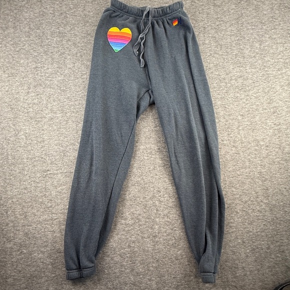 Aviator Nation Pants - Aviator Nation Sweatpants Rainbow Heart Stitch Charcoal XS Athleisure Comfy